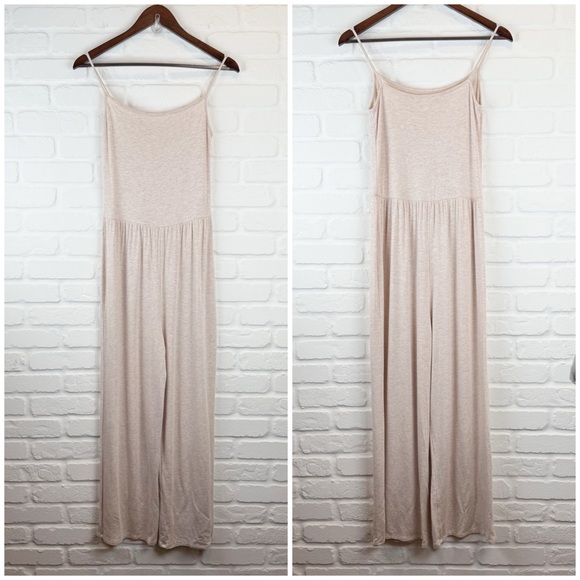 Anistar Beige Wide Leg Jumpsuit Romper Spaghetti Strap One Piece Oat Medium - Picture 1 of 7